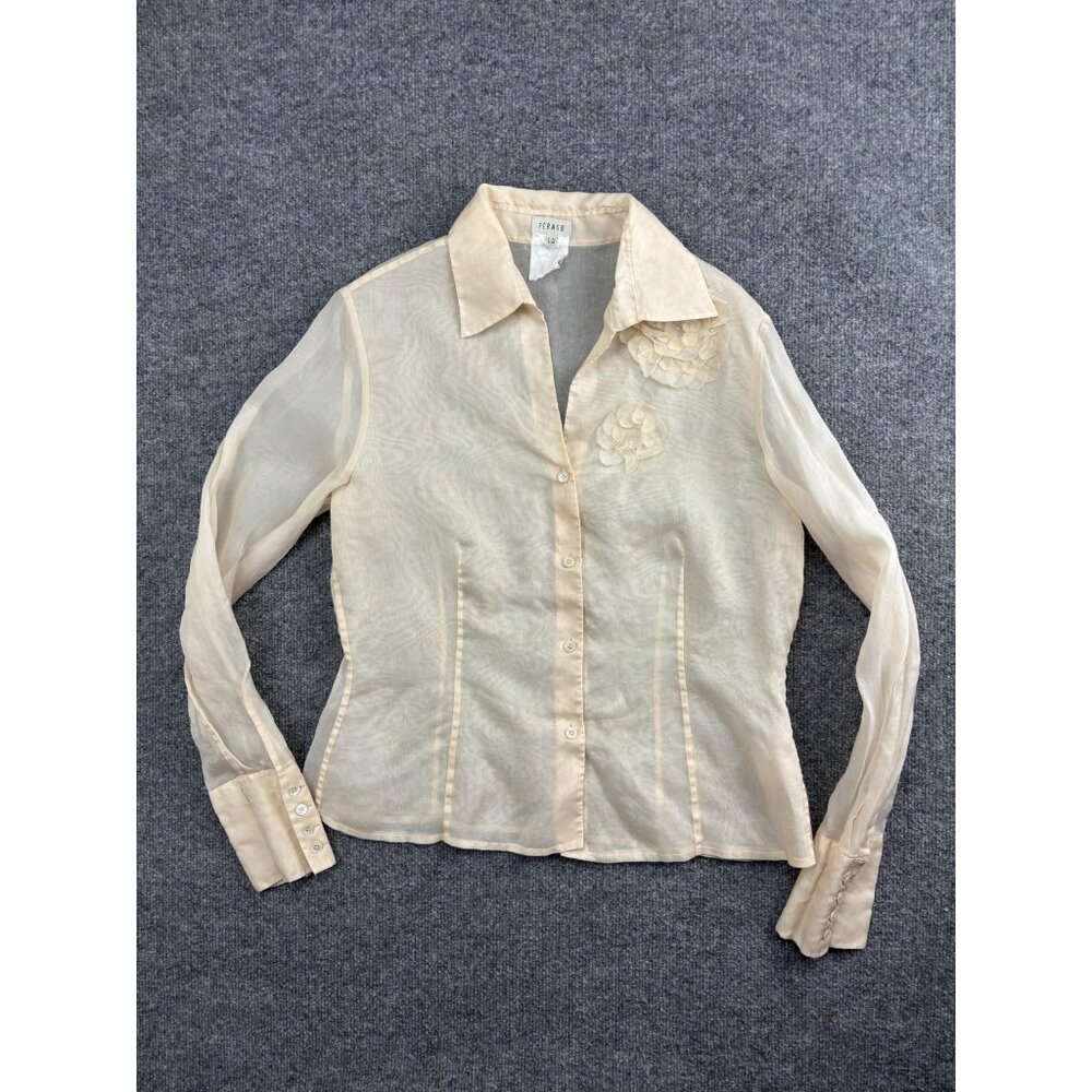 Feraud Blouse Womens FR 44 DE 42 Beige Sheer Button Front Floral Beaded Applique